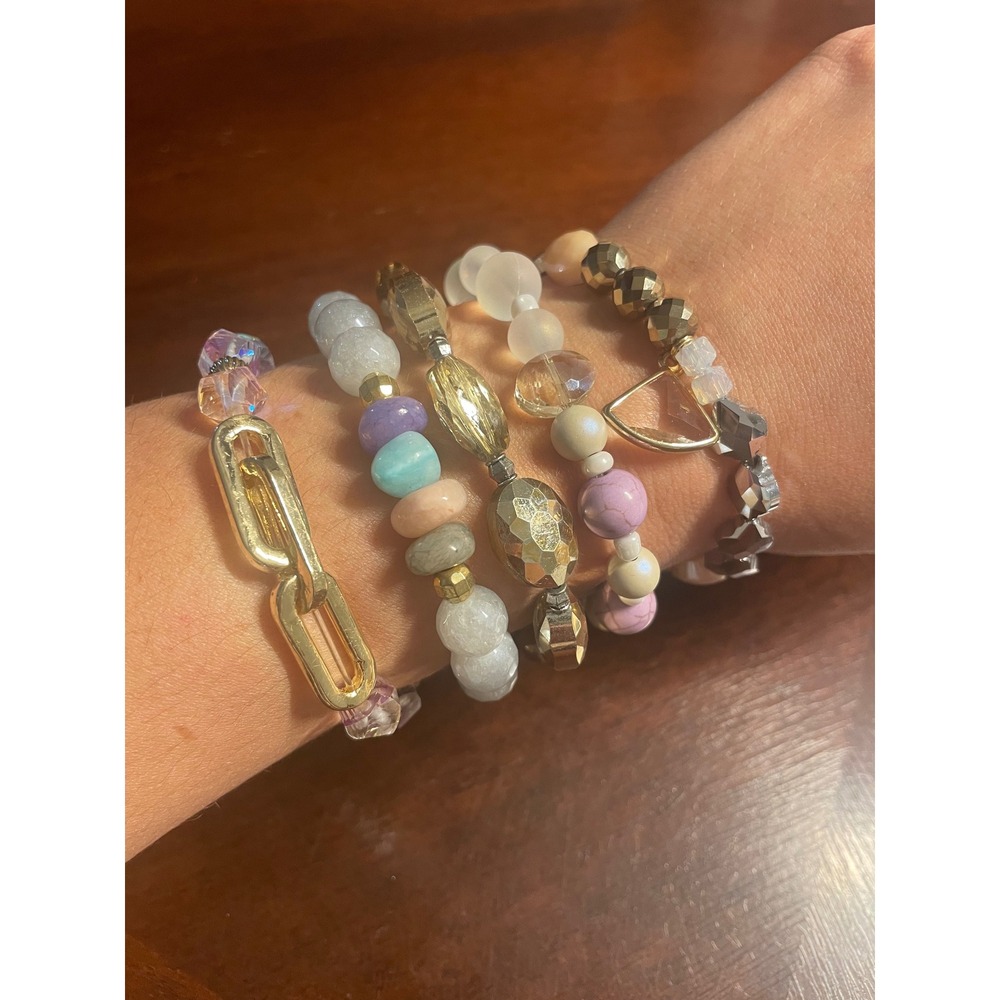 Erimish Beaded Bracelet Stack Gold Lavender Iridescent 5 Piece Set with Pouch